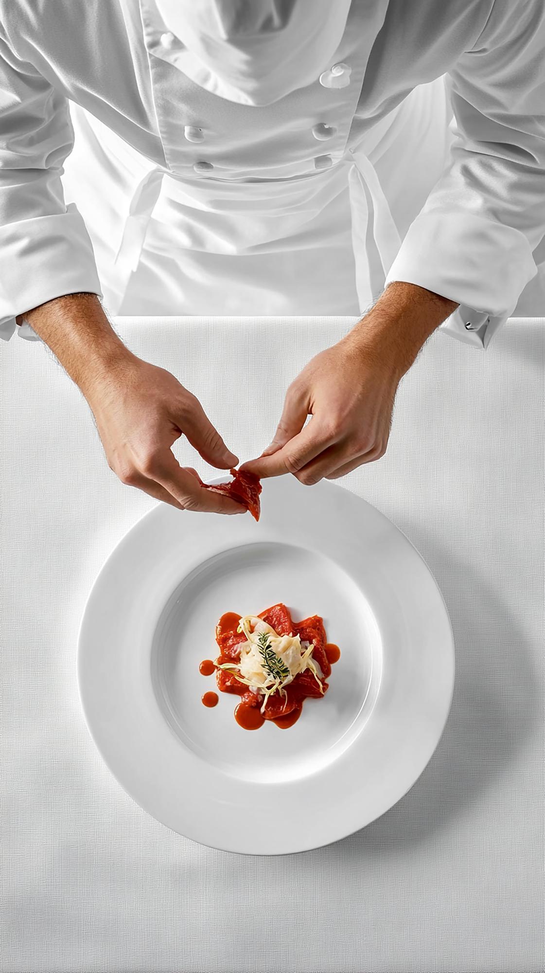 Chef preparing plated dish in bright kitchen